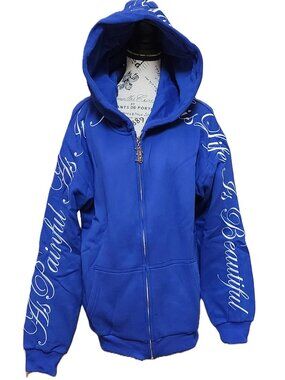 YOURS TRULY "LOVE YOURSELF" Embroidered Blue Zipper Sweatshirt Hoodie - NEW